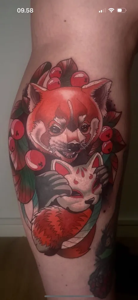 Neo-traditionel rød panda med kitsune-maske af Gustav